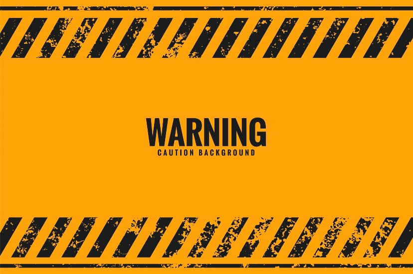 cartel de advertencia amarillo con la frase warning caution background en el centro y rayas negras oblícuas arriba y abajo