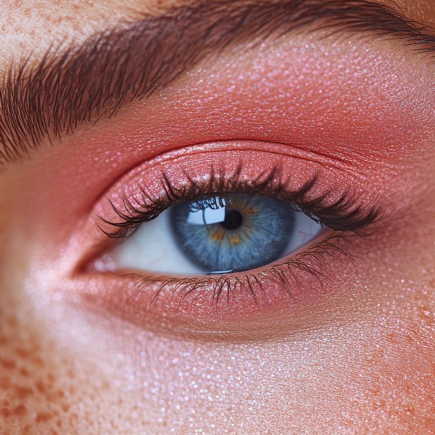 Primer plano de un ojo femenino con bolsas y ojeras, imagen representativa del tratamiento natural y vegano de OhMyKoko para reducir la hinchazón y la oscuridad del contorno de ojos.