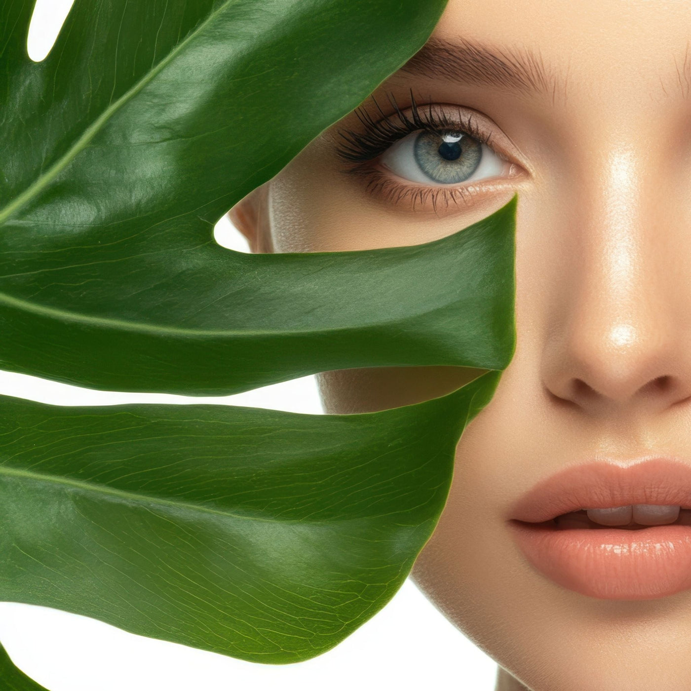 Mujer cubriendo medio rostro con una hoja grande, simbolizando cuidado facial natural y vegano.
