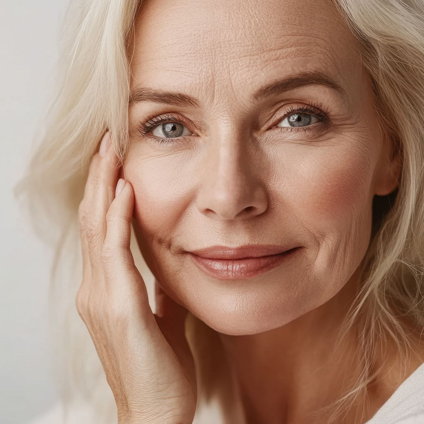Primer plano de mujer con piel limpia y luminosa acariciándose la mejilla con gesto de alivio y confort, fondo neutro claro