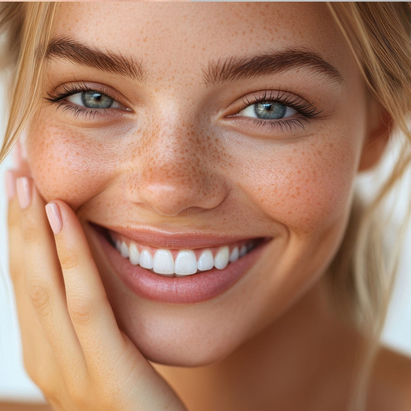 Chica joven con pecas y expresión feliz, ejemplo de piel grasa deshidratada con poros visibles mejorada con cuidados naturales de OhMyKoko