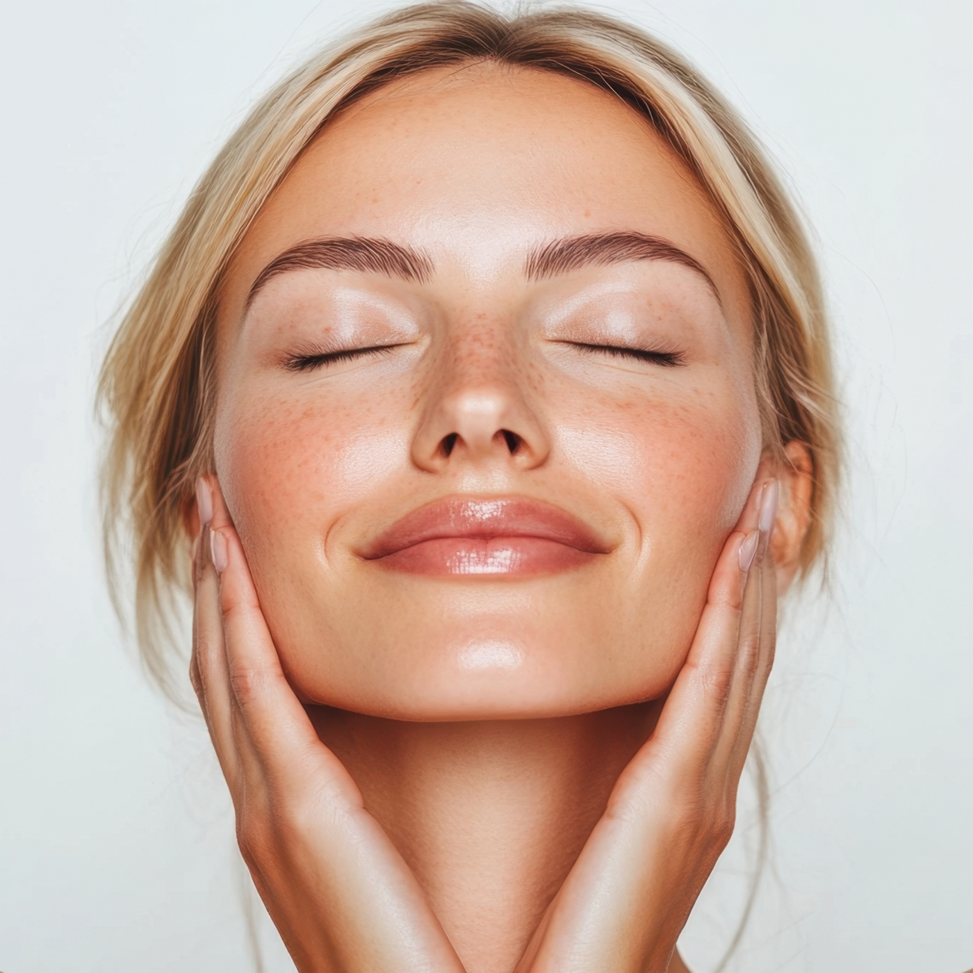 Mujer rubia con piel hidratada y sensación de confort tras usar crema facial