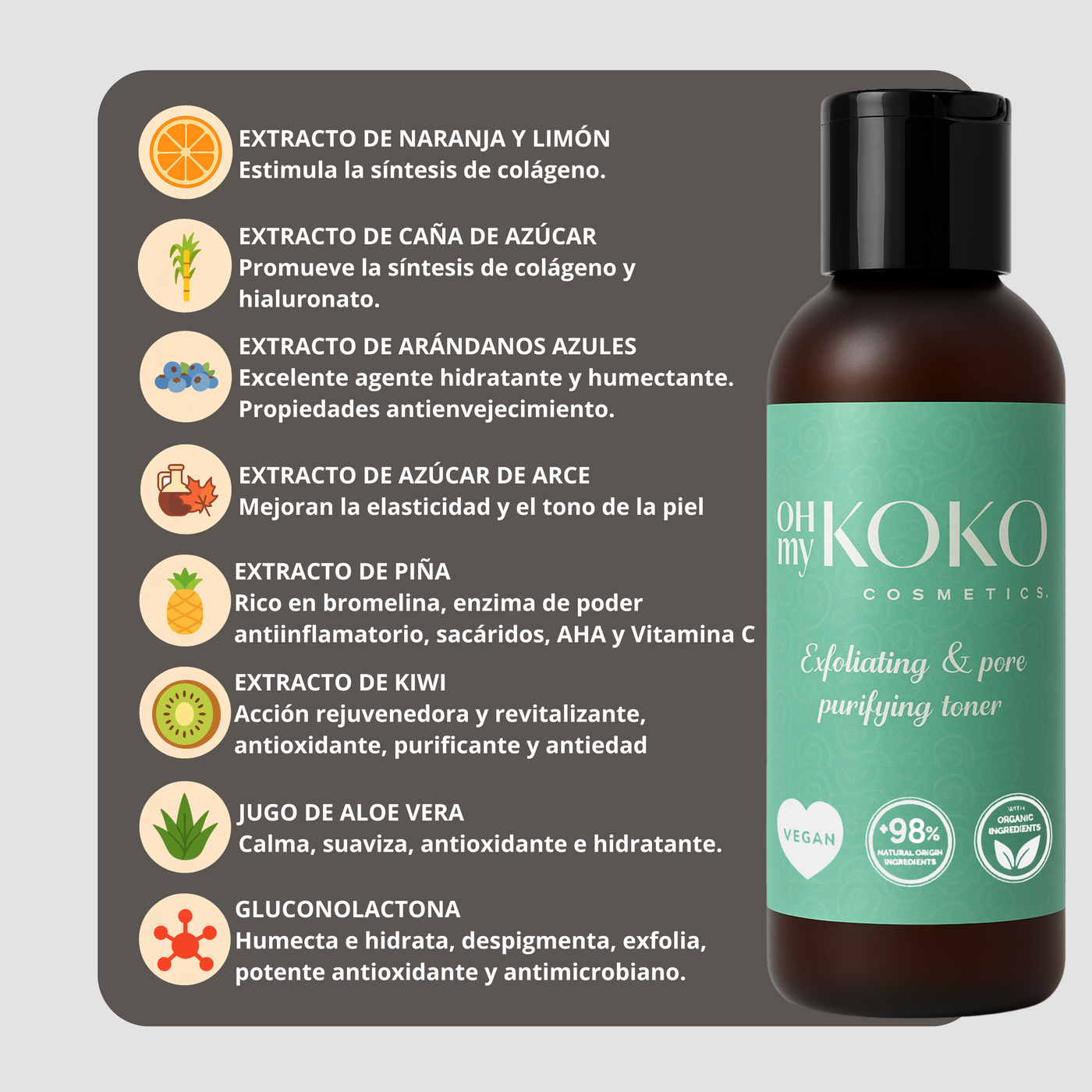 Tónico Exfoliante Diario. Iluminador, Hidratante, Corrector, Purificador. 100 ml. Todas las pieles