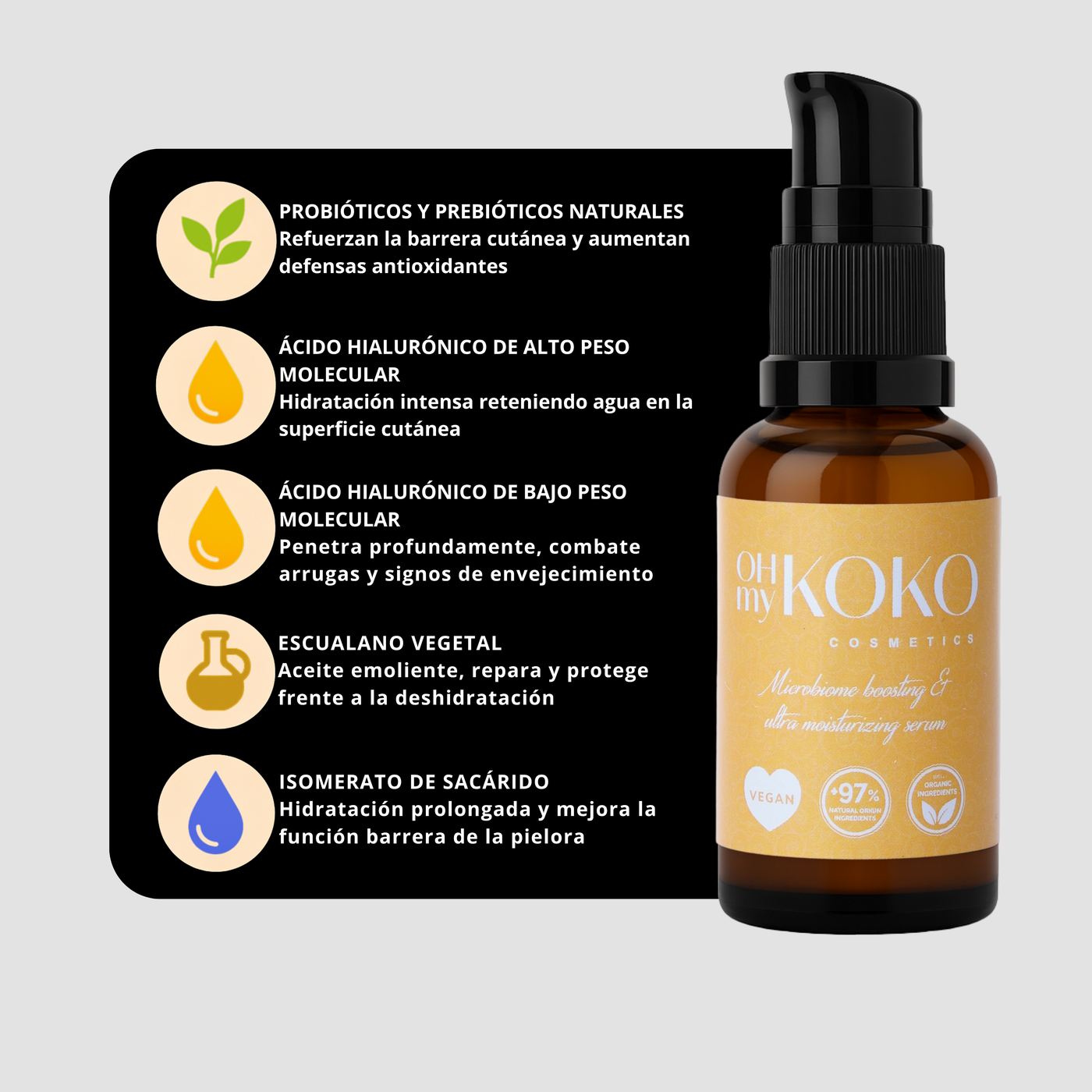 Sérum facial para piel seca con ácido hialurónico y probióticos veganos 30 ml | Hidratación intensa y reparación antiedad