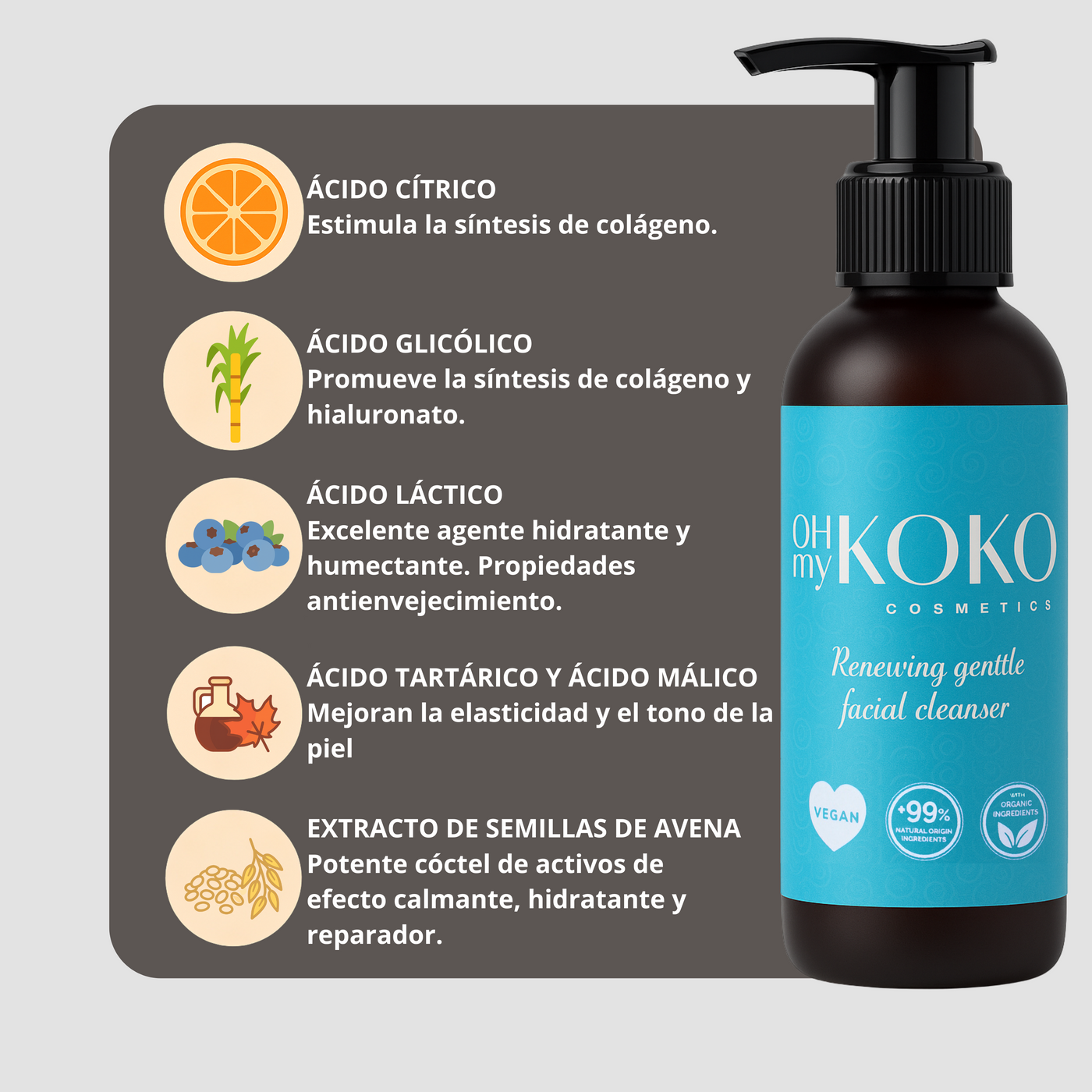 Limpiador facial exfoliante diario. 5 AHA frutales, avena. 100 ml. Todas las pieles Limpia, desmaquilla y renueva sin irritar ni resecar